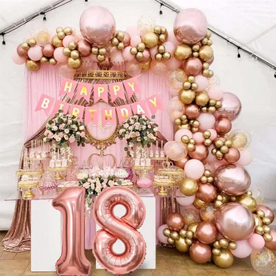 Produktbild von Ballonbogen Set 18 Jahre, roségold Latex, 32" + 18" + 12" + 10" + 5" Ballons, für Geburtstage