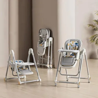 Produktbild von Baby Hochstuhl - 2-in-1 Hochstuhl und Babyschaukel - Verstellbar und neigbar - Klappbar mit Rollen - Gepolsterter Sitz für 1–2 Jahre - Grau
