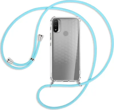 Produktbild von Handykette Backcover-Schutzhülle mit Band (Metall silberfarben) für Motorola Moto E20 (XT2155) - himmelblau