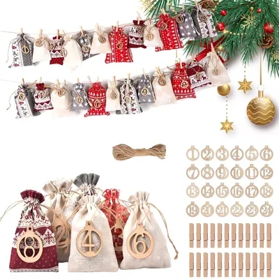24er Adventskalender-Beutel aus Jute, 3 Farben, mit Clips & Zahlen