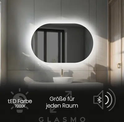 Produktbild von Badspiegel mit Beleuchtung 120x80 cm Ariana - Horizontal Oval Spiegel mit LED Beleuchtung - Kaltweiß 7000K - Badezimmerspiegel Lichtspiegel mit Bluetooth-Lautsprecher