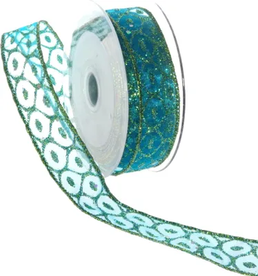 Produktbild von Organzaband mit Glitzerwabe - türkis-grün - 25 mm- 10 m - 93191-25-10-67