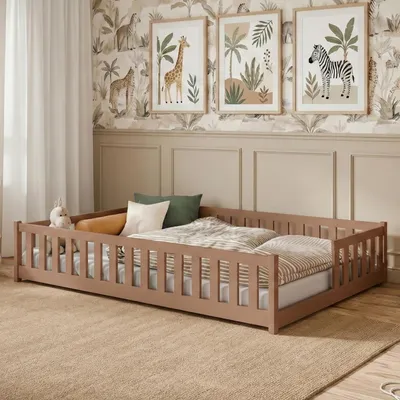 Produktbild von Kinderbett Bodenbett mit Rausfallschutz Lattenrost und Matratze Montessori Bett Bed Gitterbett Kinder Jugendbett Einzelbett | 140x200 cm | Olivgrün