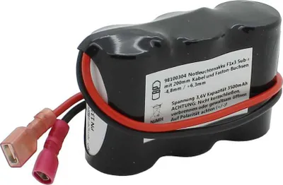 Produktbild von Notleuchtenakku NiMH 3,6V 3500mAh F1x3 Sub-C mit 200mm Kabel und Faston-Buchsen -4,8mm / +6,3mm