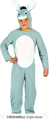 Produktbild von Kinder Eselkostüm – Grauer Jumpsuit mit weißem Bauch und niedlicher Kopfbedeckung Gr. 98-134, Größe:128/134