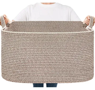 Zdjęcie produktu dla Koszyk do przechowywania, pleciony, 65 litrów, prostokątny, 55x38x30 cm, kolor brązowy, wykonany z bawełnianego sznurka