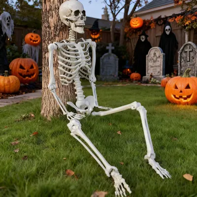 Produktbild von Halloween-Dekoration: Skelett, 165 cm - lebensgroßes, vollplastisches Skelett mit beweglichen Gelenken - positionierbares Skelett für Halloween-Partys, Garten