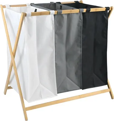 Produktbild von Wäschekorb, Wäschesammler aus Bambus | 3 Fächer | 40 Liter | Einzeln abnehmbare Wäschesäcke