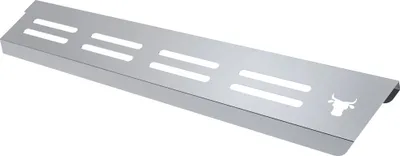 A stainless steel grill accessory with a bull logo.