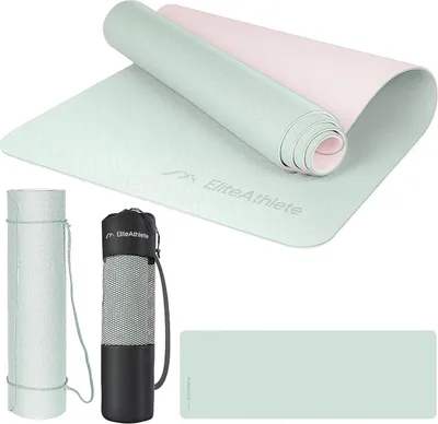 Imagen del producto de Esterilla de yoga antideslizante de TPE, con dimensiones de 183 x 61 x 0,6 cm, que incluye una bolsa de transporte y una correa