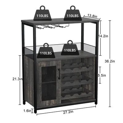 Image de Armoire à vin Armoire de bar avec étagère à vin réglable et porte-verre Armoire de bar à vin pour cuisine, salle à manger, salon, 70 x 35 x 92 cm gris