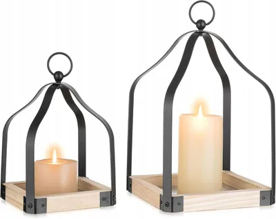 Zdjęcie produktu dla Lampion drewniany rustykalny świecznik vintage zestaw 2 sztuki