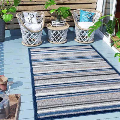 Zdjęcie produktu dla Dywaniki Carpeto Dywanik zewnętrzny w paski na balkon, taras - Dywanik balkonowy wodoodporny - Dywanik zewnętrzny odporny na warunki atmosferyczne - Dywanik zewnętrzny na taras duży - Szaroniebieski 2 - 120 x 170 cm