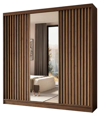 Productafbeelding van 240 cm Garderobekast Erika met lamellen en spiegel, schuifdeuren, kledingstang en garderobe (kleur: Nuss Warmia, artisan)
