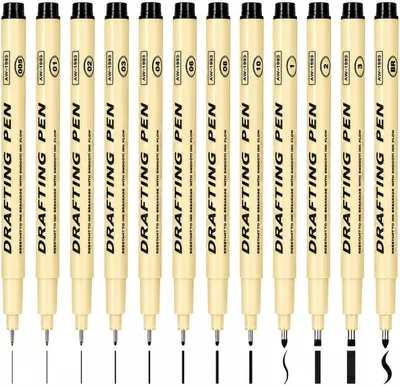Productafbeelding van Fineliner pennenset 0,2-3 mm - Set van 12 - Precisiestiften - Tekenen - Schetsen - Manga-illustratie - Kantoor