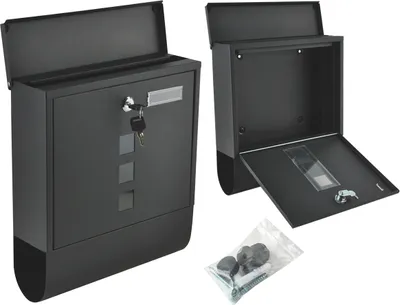 Two views of a black mailbox, one closed and one open, with accessories shown separately.