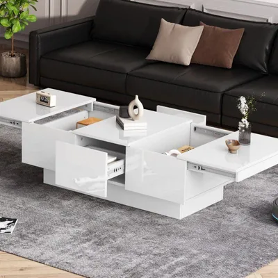 Immagine prodotto di Tavolino da salotto bianco lucido, allungabile, con 2 cassetti e spazio contenitivo nascosto, design moderno