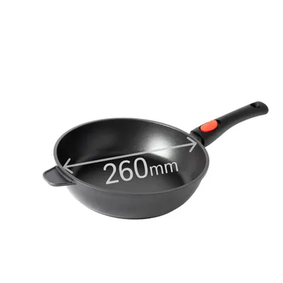 A black frying pan with a red accent on the handle, shown against a white background. A measurement line indicates the diameter is 260mm.
