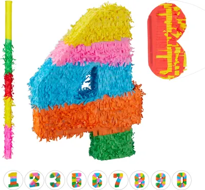 Produktbild von 3 tlg. Pinata Set Geburtstag, Zahl 4, Pinatastab mit Augenmaske, Kinder & Erwachsene, Piñata zum selbst Befüllen, bunt