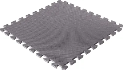 A single gray interlocking foam mat on a white background.