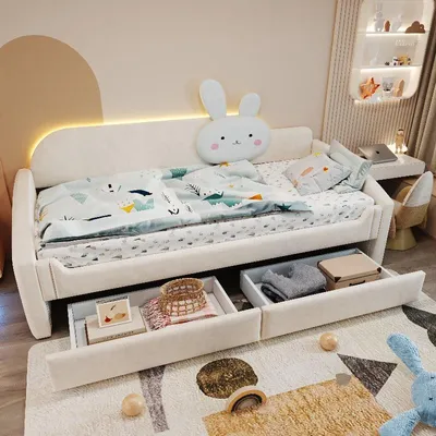 Immagine prodotto di Letto per bambini 90x200 cm con 2 cassetti e illuminazione a LED, divano-letto imbottito per bambini in velluto beige, con schienale e braccioli