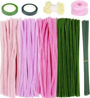 Produktbild von Pfeifenreiniger Blumen Set Pfeifenputzer zum Basteln Rosa Pipe Cleaner Pfeifenreiniger zum Basteln mit Grün Basteldraht Geschenkband Floristenband
