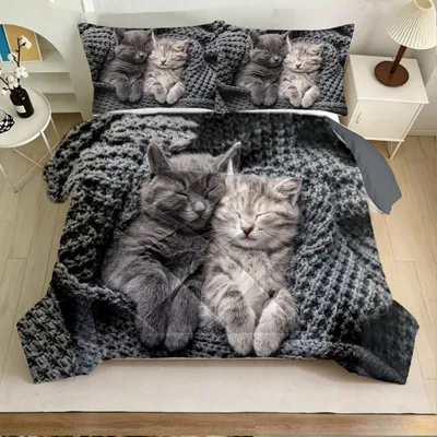 Immagine prodotto di Copertura per letto con motivo di gatti - 140 x 200 cm, in microfibra, include 2 federe