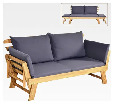 Produktbild von Gartenbank mit Liegefunktion, Gartensofa mit Auflagen und klappbaren Armlehnen aus Akazienholz, 198 x 75 x 75 cm (Grau)