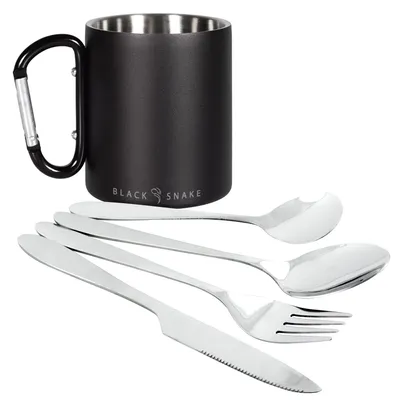 Produktbild von Edelstahl Thermobecher mit Karabiner & Camping Essbesteck Set für 1-4 Personen