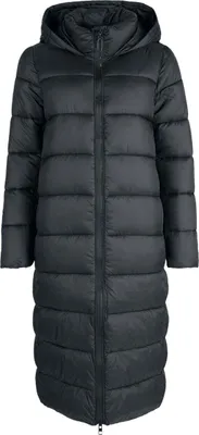A full-length studio shot of a black puffer coat.