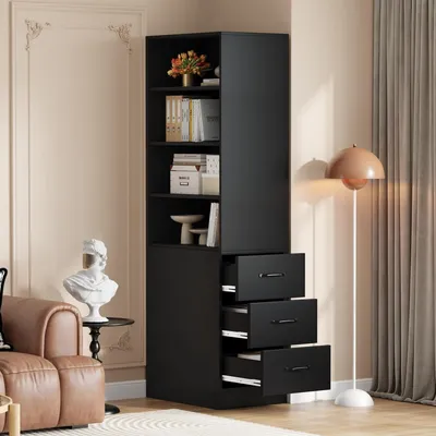Produktbild von Bücherregal 180 cm hoch extra schmal mit seitlichen Schubladen verstellbare Böden beidseitig montierbar Sideboard Wohnzimmer Hochschrank Schwarzhschrank