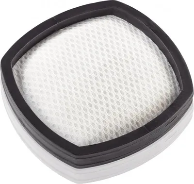 A close-up, angled view of a white and black filter for a vacuum cleaner.