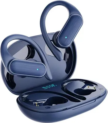 A pair of blue wireless earbuds with a charging case.
