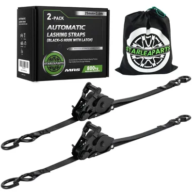 Immagine prodotto di Cinghie di tensionamento automatiche con gancio a S, confezione da 2 pezzi, larghezza 25 mm, lunghezza 3,6 metri, capacità di rottura 800 kg, colore nero