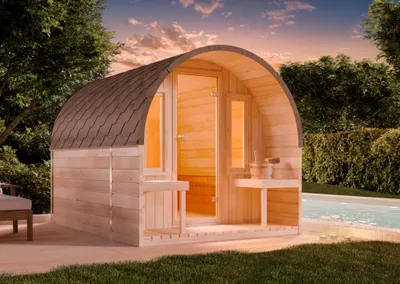 Produktbild von FinnTherm Fasssauna aus Holz ScandiPod Premium, Outdoor-Sauna mit Terrasse, Außensauna Garten mit 42 mm Wandstärke, Saunahaus 204 x 285 x 210 cm, Natur mit 2 Fenster