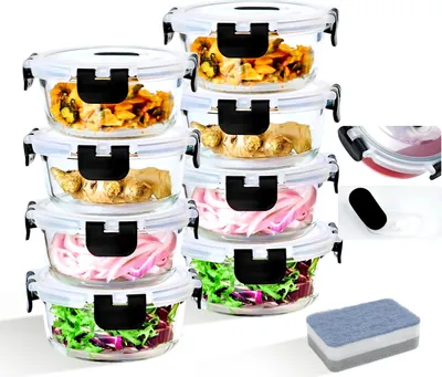 Obrázek produktu pro Skleněné dózy na potraviny – nádoby na potraviny s víkem – 8 kusů, 400 ml – vzduchotěsné a nepropustné – vhodné do trouby a mikrovlnné trouby, lze mýt v myčce – bez BPA – průhledné