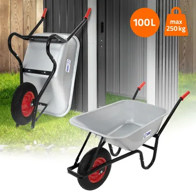 Zdjęcie produktu dla Taczka ECD Germany, 100 l, korpus ze stali ocynkowanej – kolor srebrny, nośność 250 kg, opony pneumatyczne z metalowymi felgami, taczka ogrodowa i budowlana