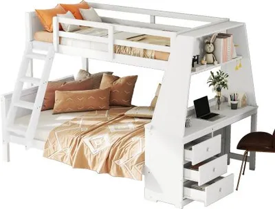 Produktbild von Etagenbett mit 2 Schlafgelegenheiten, Lattenrost, Schreibtisch und Rausfallschutz, 90x200 cm/140x200 cm, Jugendbett