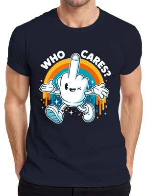 Immagine prodotto di Maglietta da uomo, taglia S, colore blu navy, con scritta "Who Cares Stinkefinger Mittelfinger" (un'espressione provocatoria e sarcastica)