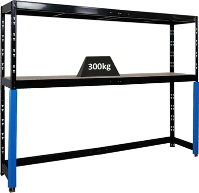 A black metal shelving unit with two shelves, one of which has a weight on it labeled '300kg'. The legs of the unit are covered with blue padding.