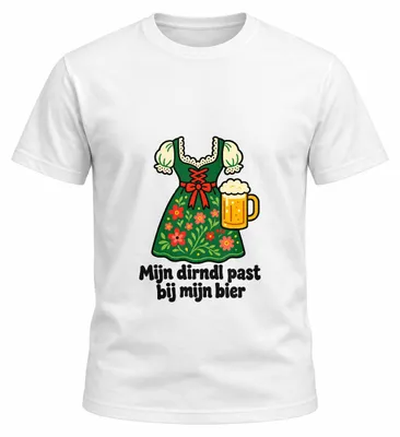 Productafbeelding van Speels Mijn dirndl past bij mijn bier T-shirt – Humoristisch typografisch ontwerp voor bierliefhebbers