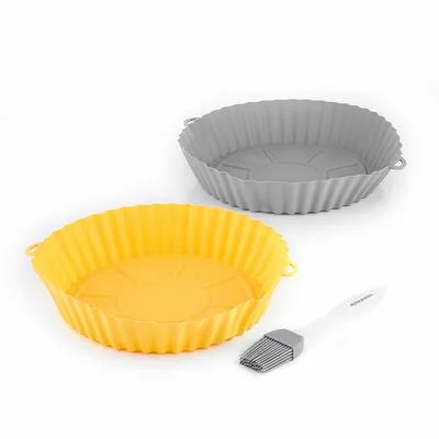 Produktbild von InnovaGoods® Silikon Fritteusenform Ø21,5 cm mit Kochpinsel, antihaftbeschichtet, wiederverwendbar, leicht zu reinigen, kühlschranktauglich, ideal für Fritteuse, Mikrowelle und Ofen. 2 Stück.