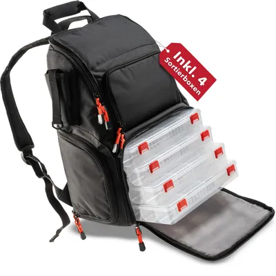 Produktbild von Paradox Fishing Angelrucksack mit 4 Boxen - Angeltasche