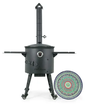 Produktbild von Utschak Feuerofen Ø 40 cm + Gusseisen-Kasan 12 L, runder Boden + Küchenzubehör, Usbekischer Kochtopf aus Gusseisen