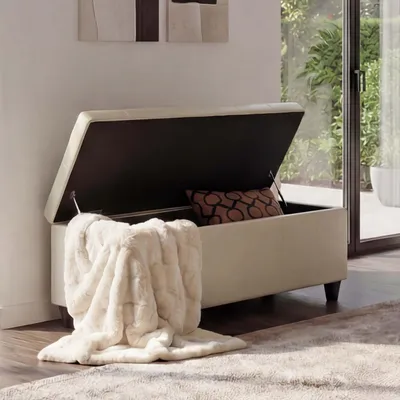 Image de Coffre de rangement Kriens, banquette banc, similicuir, 45x114x45cm ~ crème