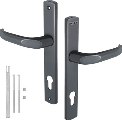A pair of dark gray door handles with a keyhole plate and mounting hardware, presented against a white background.