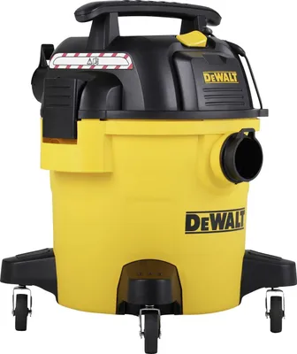 A yellow and black Dewalt wet/dry vacuum cleaner is shown against a white background.