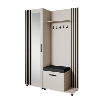 Produktbild von Garderoben-Set LIVIA Rechts Kaschmir – Garderobenschrank mit Spiegel, Schuhschrank mit schwarzen Sitzkissen, Lamellen in Schwarz, Hochschrank