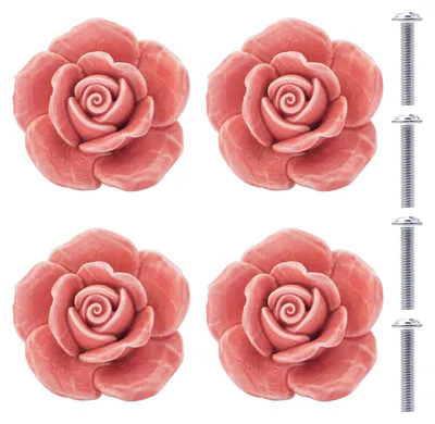 Imagen del producto de Pomo para mueble de cerámica con diseño de rosas, juego de 4 unidades, porcelana, para armarios