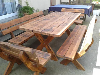 Produktbild von Gartenmöbel OC Holzgartenmöbel, Tisch + 2 Bänke + 2 kleine Bänke. Farbe geflammt